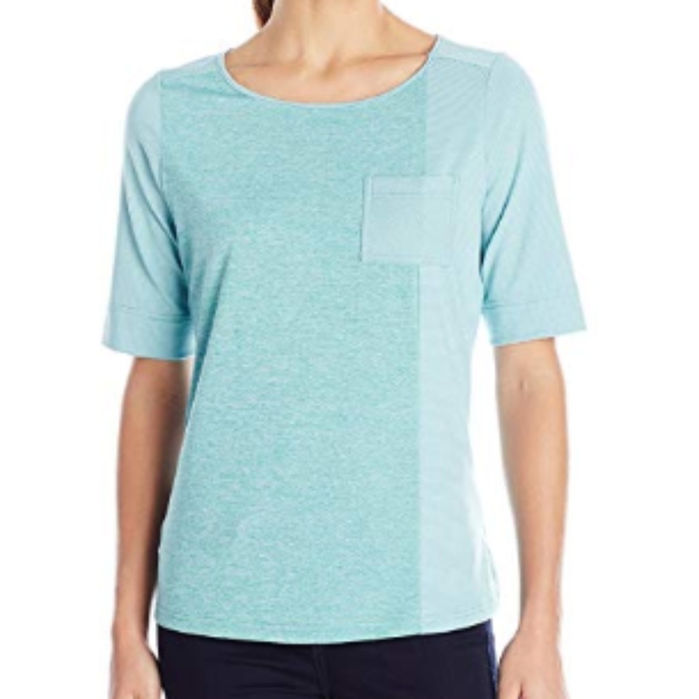 New 𝅺Women Prana Teal Stripe Alandra Top Shirt Large L 10 12 UPF 50+